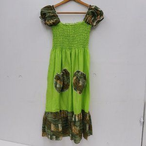 Vintage 70's Shirred Neon Green Midi Peasant Dress XS S Plaid Smocked
